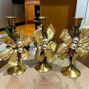 Set of 3 Vintage Hand Crafted Christmas Brass Candle Holders Made In India